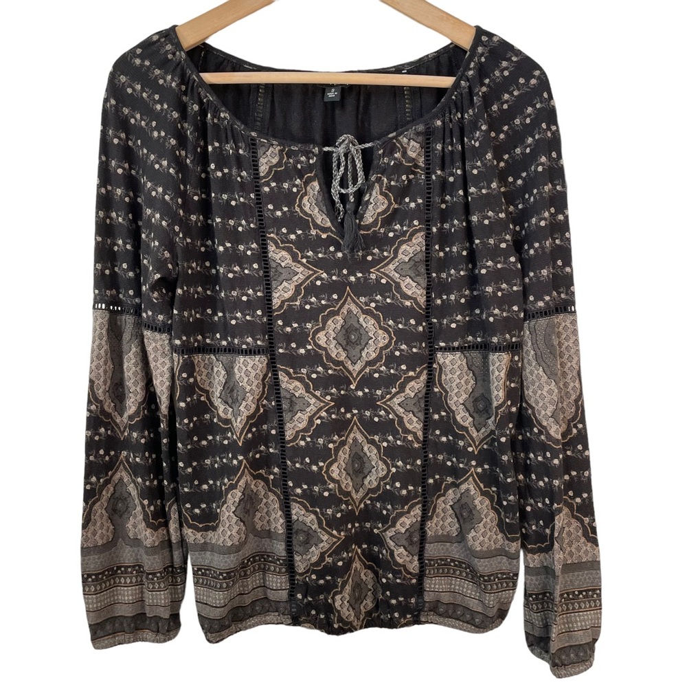 Lucky Brand Paisley Floral Long Sleeve Tie Neck Top Size Small Black Tan Boho